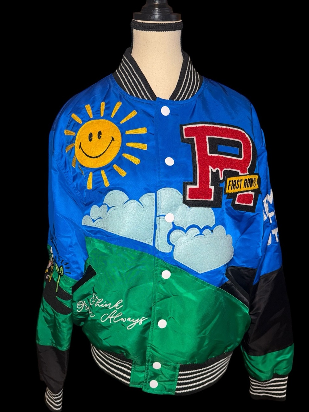 First Row Think Green Always Varsity Jacket M Smiley Mushroom Satin Bomber EUC